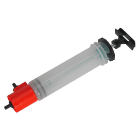The Sealey Fluid Transfer/Inspection Syringe 550ml - VS558 features Viton® seals, a clear plastic body, a red cap on one end, and a black plunger on the other, making it ideal for precise fluid transfer.