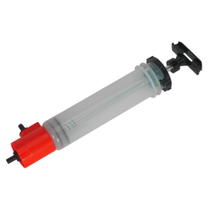 The Sealey Fluid Transfer/Inspection Syringe 550ml - VS558 features Viton® seals, a clear plastic body, a red cap on one end, and a black plunger on the other, making it ideal for precise fluid transfer.