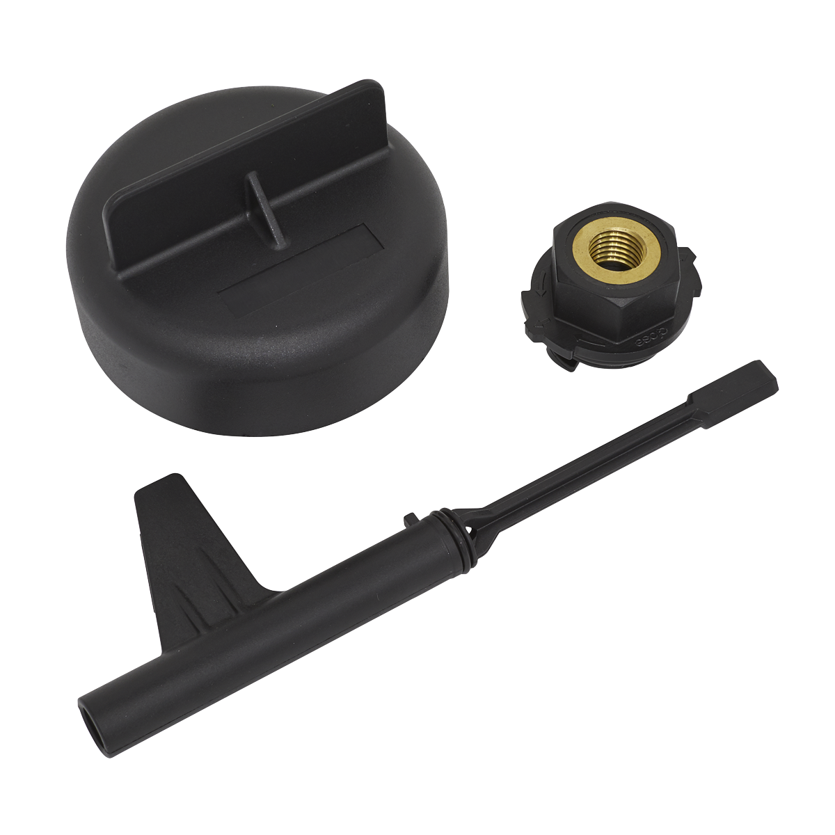 The Automatic Gearbox Oil Filler Set - Mercedes 9G-Tronic - VS589 by Sealey includes a black plastic cap, a black plastic nut with a metallic threaded insert, and a black plastic lever with a flat tab, perfectly designed for use with 9G-Tronic gearboxes and the Mercedes E350 BlueTEC.