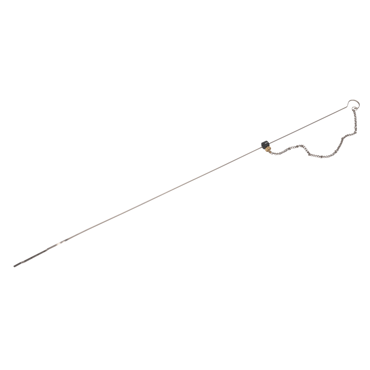 The Engine Dipstick 600mm - Audi - VS600ED by Sealey is a long metal rod with a small loop at one end, a chain attached near the loop, and a narrow, thin tip at the other end, designed for checking engine oil levels in Audi vehicles.