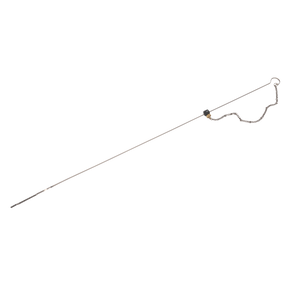 The Engine Dipstick 600mm - Audi - VS600ED by Sealey is a long metal rod with a small loop at one end, a chain attached near the loop, and a narrow, thin tip at the other end, designed for checking engine oil levels in Audi vehicles.