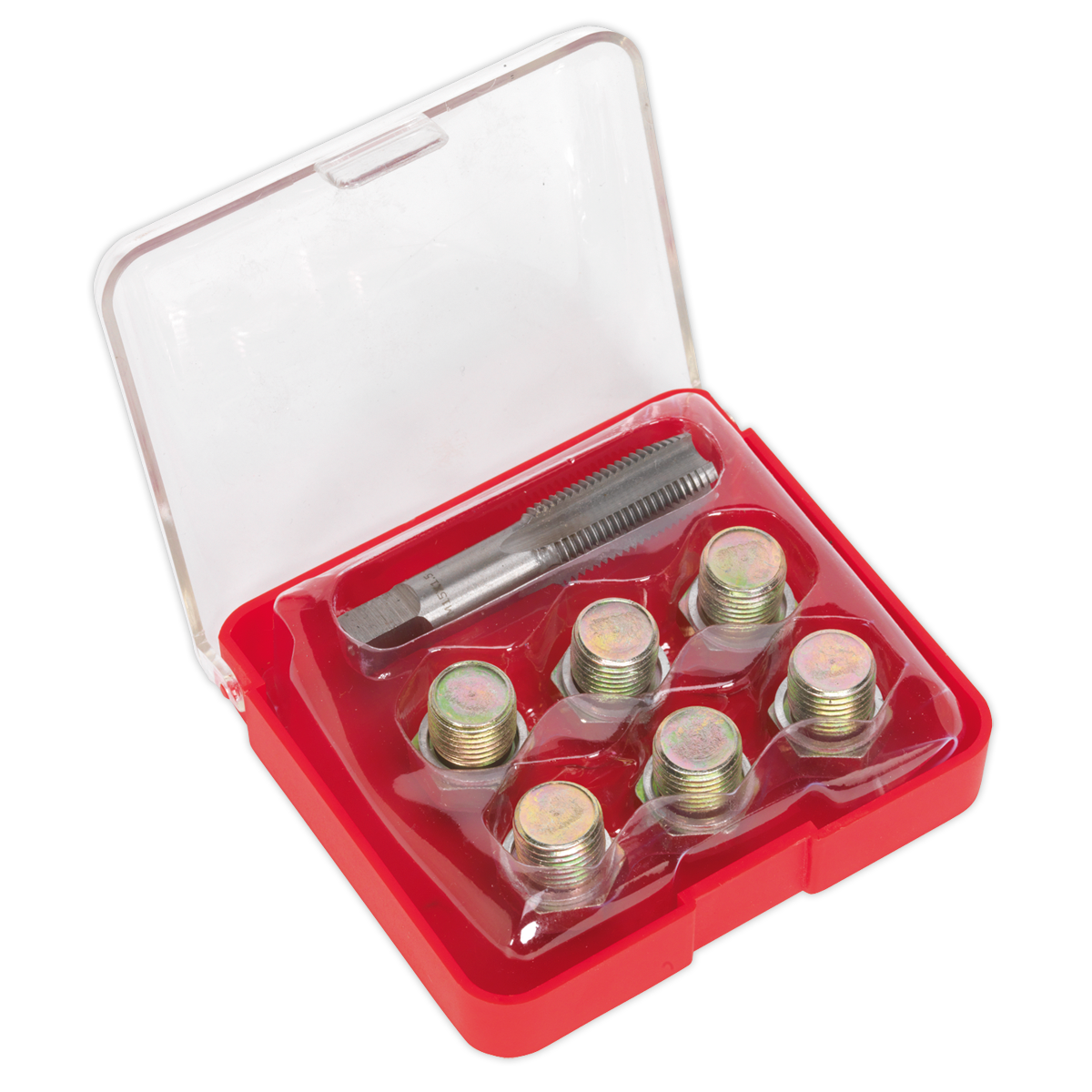 The Sealey Oil Drain Plug Thread Repair Set M15 - VS615 is a red and clear plastic case containing six metal components, possibly including a differential drain plug, along with one metal tool featuring a textured handle, all neatly arranged in individual compartments.