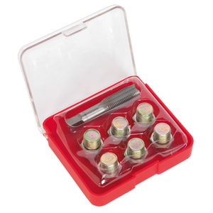 The Sealey Oil Drain Plug Thread Repair Set M15 - VS615 is a red and clear plastic case containing six metal components, possibly including a differential drain plug, along with one metal tool featuring a textured handle, all neatly arranged in individual compartments.