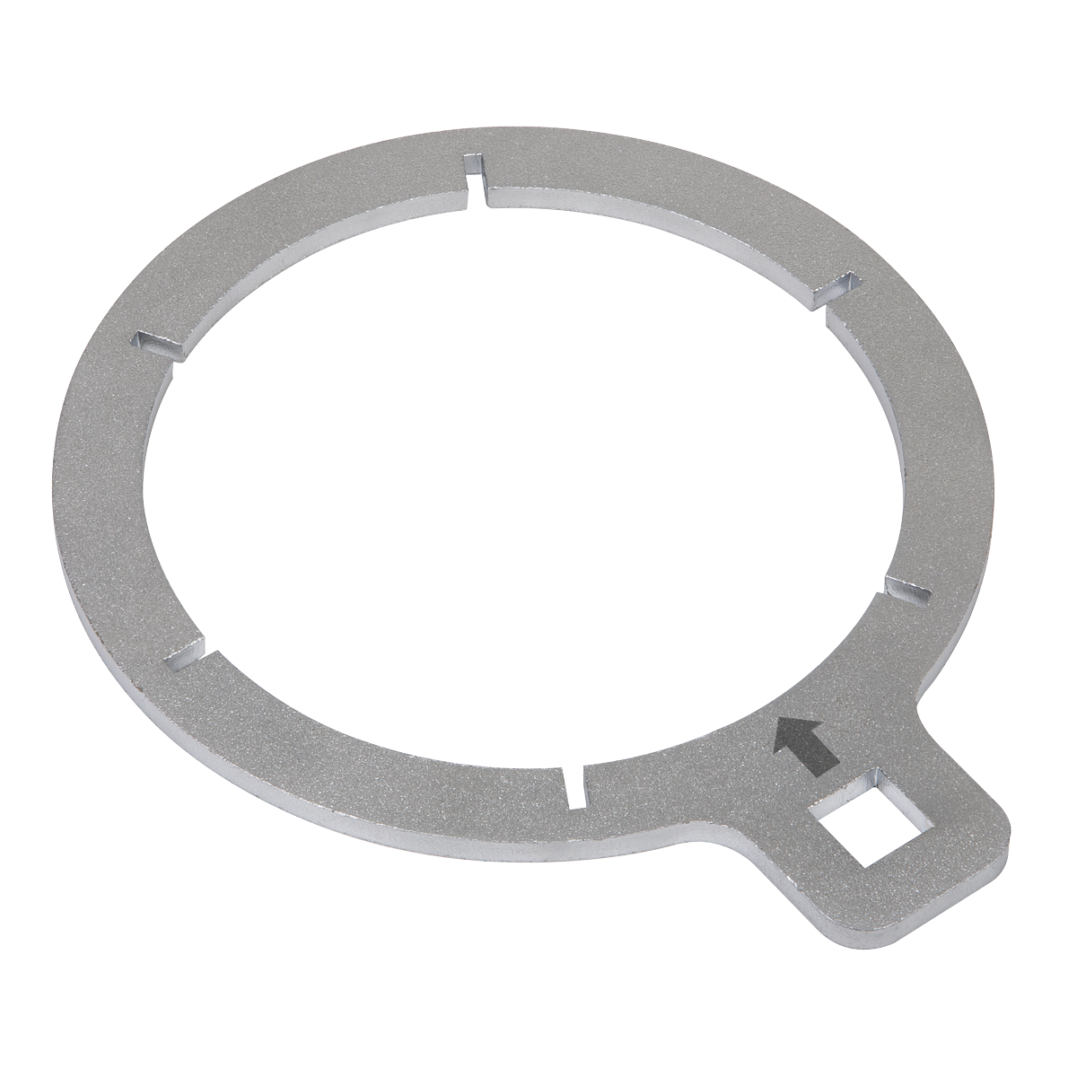 The Sealey Fuel Filter Key - Ford Transit - VS6428 is a circular metal ring featuring six evenly spaced notches and a small tab on one side with a square hole and a black arrow, designed for secure placement around the fuel filter bowl.