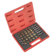 A red, open toolbox containing an assortment of metal washers, grommets, and tools meticulously organized inside a black foam lining, including the Sealey Oil Drain Plug Master Thread Repair Set - VS661, perfect for car and light commercial vehicles.