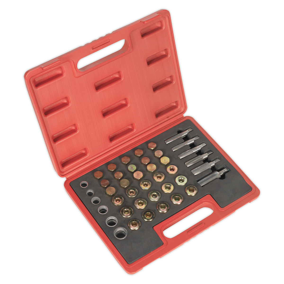 A red, open toolbox containing an assortment of metal washers, grommets, and tools meticulously organized inside a black foam lining, including the Sealey Oil Drain Plug Master Thread Repair Set - VS661, perfect for car and light commercial vehicles.