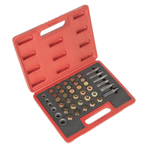 A red, open toolbox containing an assortment of metal washers, grommets, and tools meticulously organized inside a black foam lining, including the Sealey Oil Drain Plug Master Thread Repair Set - VS661, perfect for car and light commercial vehicles.