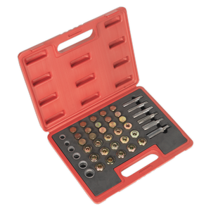 A red, open toolbox containing an assortment of metal washers, grommets, and tools meticulously organized inside a black foam lining, including the Sealey Oil Drain Plug Master Thread Repair Set - VS661, perfect for car and light commercial vehicles.