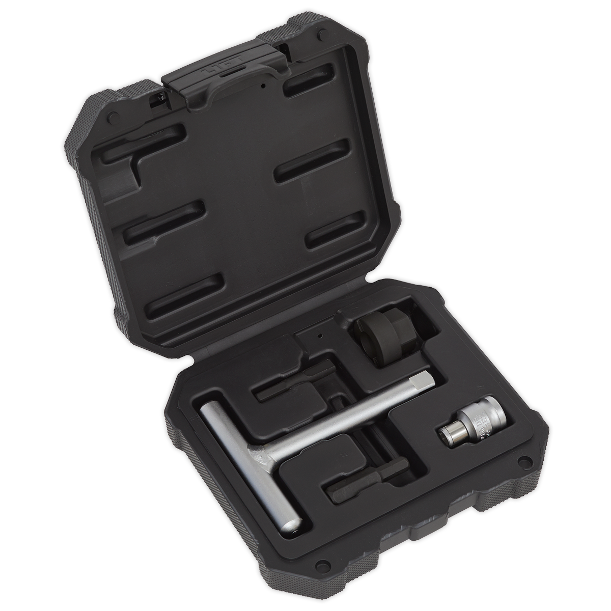 The Sealey Plastic Oil Drain Plug Driver Kit 5pc - VS673 features a black plastic case containing a silver T-bar wrench, a socket adapter, and a black round component, all securely fitted in foam cutouts. Ideal for Ford and BMW enthusiasts, it also includes slots for plastic drain bungs.