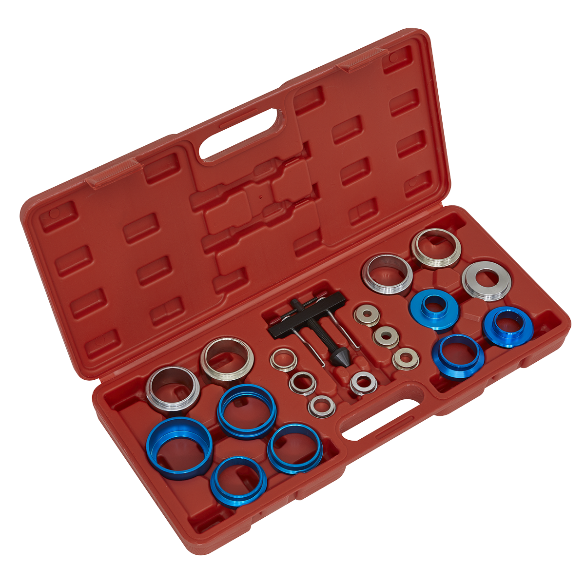 The Sealey Oil Seal Removal/Installation Kit - VS7002 includes a variety of metal bearings, spacers, and a comprehensive oil seal tool, all housed in a red carrying case with a handle for easy transport.