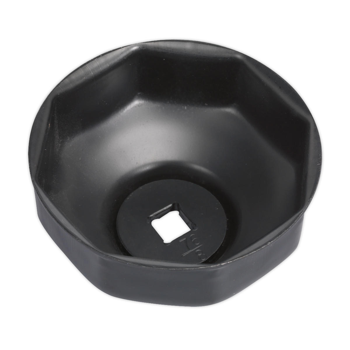 The Sealey Oil Filter Cap Wrench Ø76mm x 8 Flutes - VS7006.V2-08 is a black, octagonal tool designed to fit over and grip oil filters for easy removal or installation. Its low-profile design makes it perfect for cap-type filter wrenches, making it an ideal tool for Fiat vehicles.