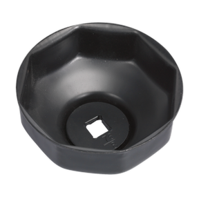 The Sealey Oil Filter Cap Wrench Ø76mm x 8 Flutes - VS7006.V2-08 is a black, octagonal tool designed to fit over and grip oil filters for easy removal or installation. Its low-profile design makes it perfect for cap-type filter wrenches, making it an ideal tool for Fiat vehicles.