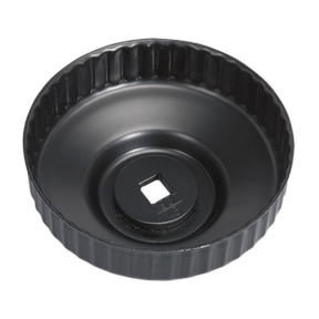 The Sealey Oil Filter Cap Wrench Ø93mm x 45 Flutes - VS7006.V2-22 is a black round wrench with a low profile design, featuring a ridged edge and a central square hole for ratchet tool attachment. Ideal for VW/Audi vehicles, this cap type filter wrench ensures easy and efficient removal or installation.