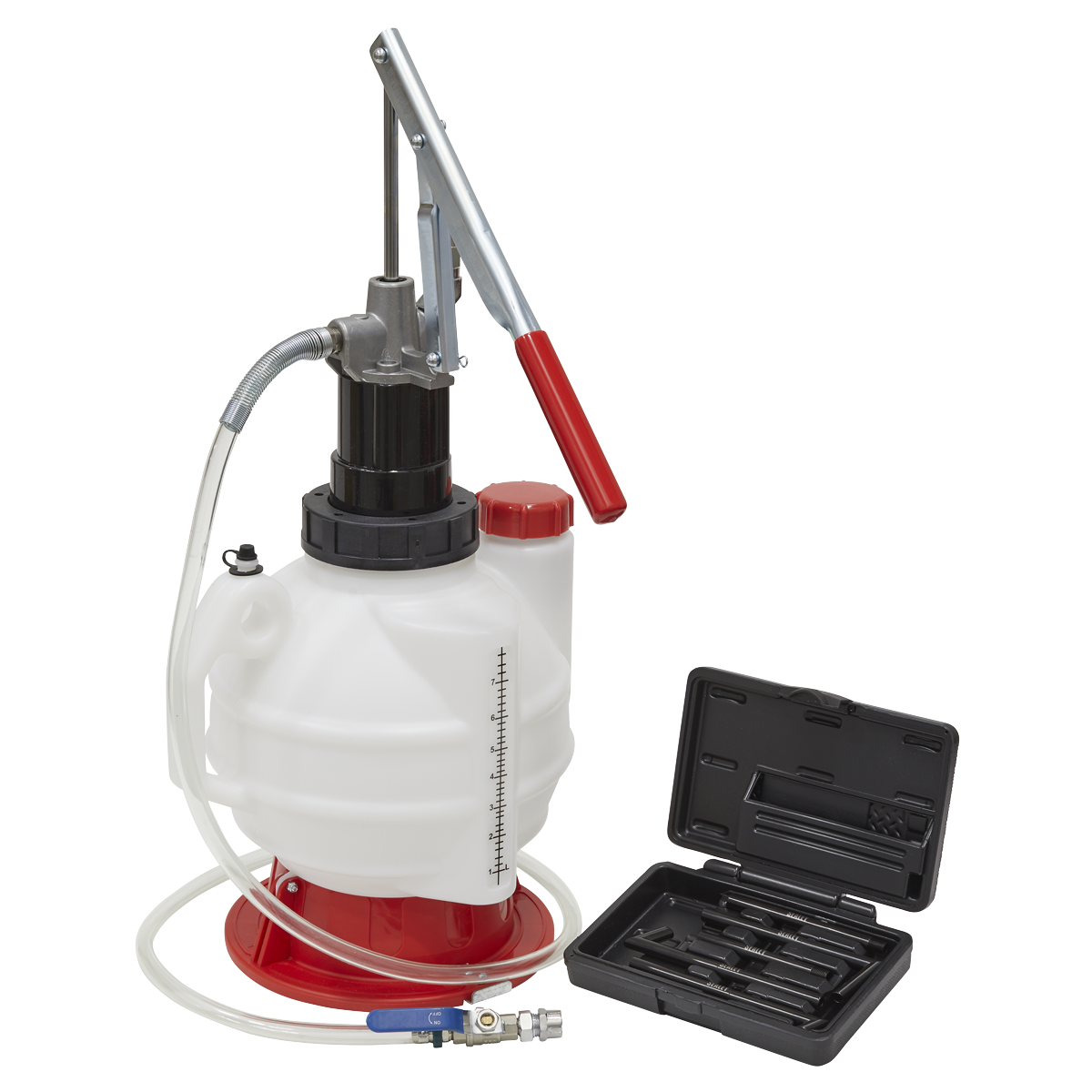 The Sealey Gear Oil Dispensing Unit 7L - VS7009, featuring a white manual oil extractor pump with a red handle and a transparent hose, is placed next to a black plastic case containing various tools, including fluid control valve parts.