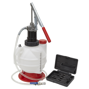 The Sealey Gear Oil Dispensing Unit 7L - VS7009, featuring a white manual oil extractor pump with a red handle and a transparent hose, is placed next to a black plastic case containing various tools, including fluid control valve parts.