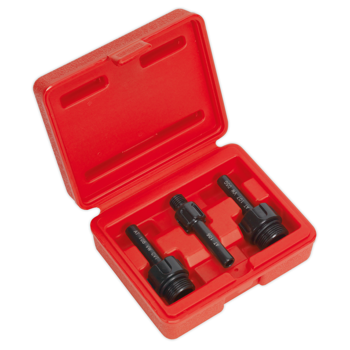 The Sealey Transmission Oil Filler Adaptor Set - VS70090 features a red plastic case that securely houses three black automotive tool fittings, including automatic transmission oil adaptors for Mercedes or Audi, each neatly placed in individual cutouts within the molded interior.