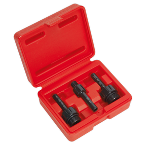The Sealey Transmission Oil Filler Adaptor Set - VS70090 features a red plastic case that securely houses three black automotive tool fittings, including automatic transmission oil adaptors for Mercedes or Audi, each neatly placed in individual cutouts within the molded interior.