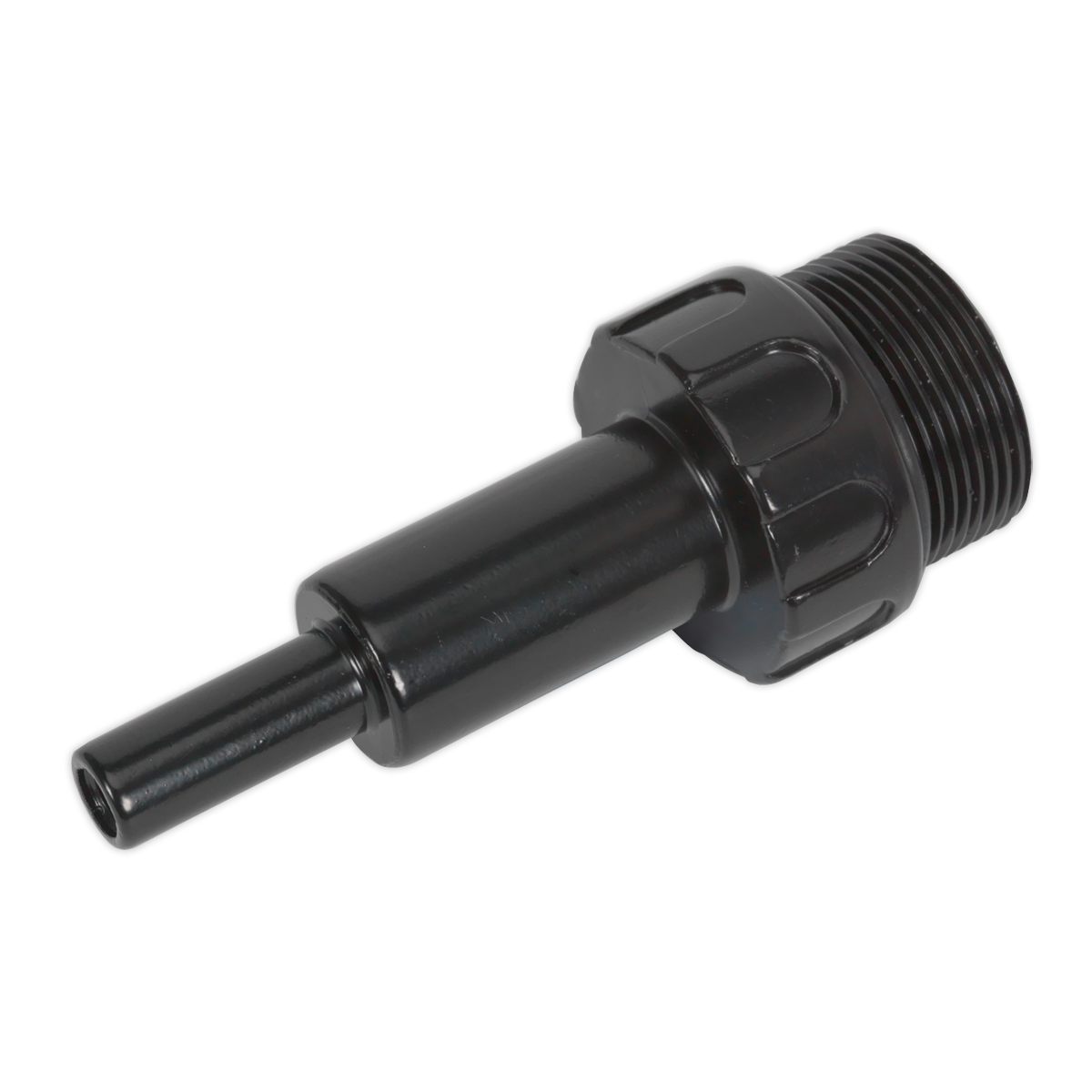 The Transmission Oil Filler Adaptor - VAG - VS70091 by Sealey is a black cylindrical industrial connector with a threaded end and a protruding pin-like component, specifically designed for use in VAG vehicles' transmission oil filling systems.