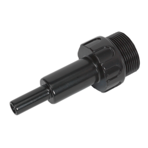 The Transmission Oil Filler Adaptor - VAG - VS70091 by Sealey is a black cylindrical industrial connector with a threaded end and a protruding pin-like component, specifically designed for use in VAG vehicles' transmission oil filling systems.