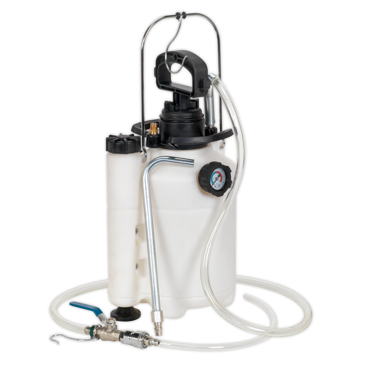 The Sealey Gear Oil Dispensing Unit 5L - VS70096 features a white pressure sprayer with a black pump handle, a gauge, hoses, and a spray nozzle attachment, as well as a fluid shut-off valve for precise control.