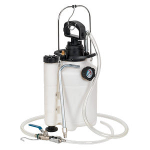 The Sealey Gear Oil Dispensing Unit 5L - VS70096 features a white pressure sprayer with a black pump handle, a gauge, hoses, and a spray nozzle attachment, as well as a fluid shut-off valve for precise control.