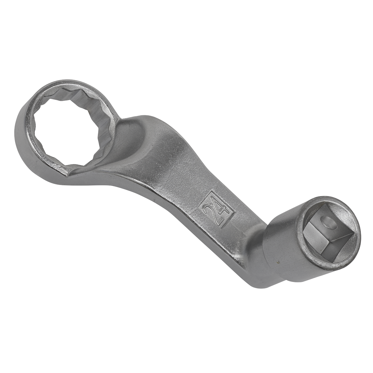 The Sealey DSG Transmission Filter Wrench Common Rail - VAG - VS70097S is a metal offset box wrench featuring a closed-loop end and a socket end, specifically designed for use with 24 mm bolts, making it ideal for maintaining DSG gearboxes in VAG models.