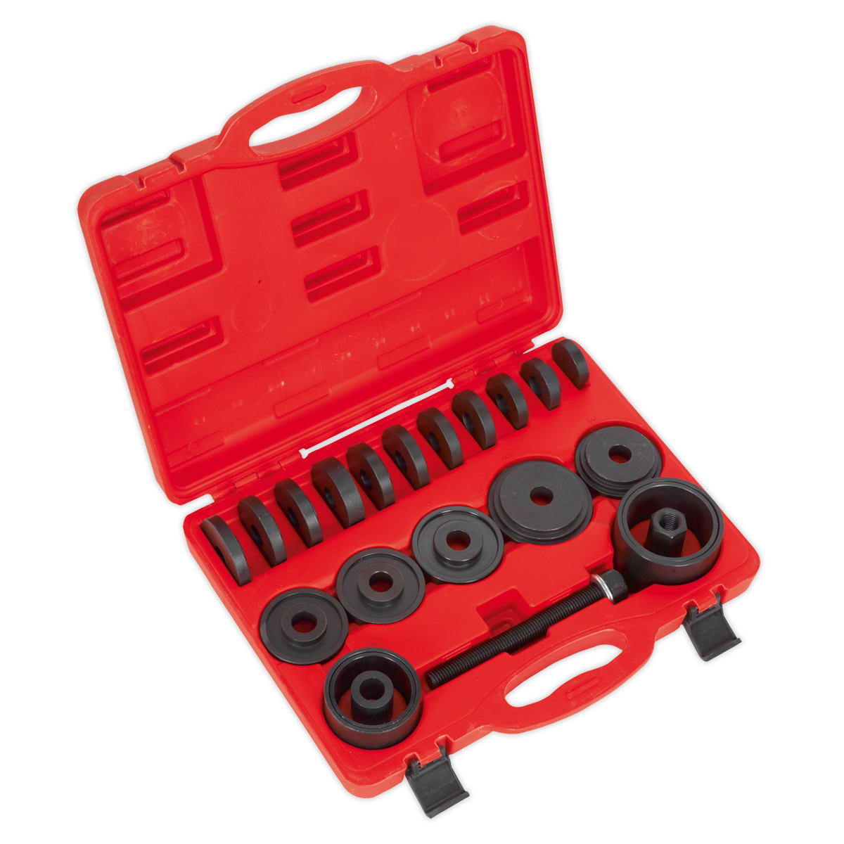 The Sealey VS7020 Wheel Bearing Removal/Installation Kit comes in a red plastic case with black cylindrical tools of various sizes, all organized neatly in fitted slots. When the case is open, it reveals all the tools and attachments needed for removing wheel bearings from front-wheel drive vehicles.