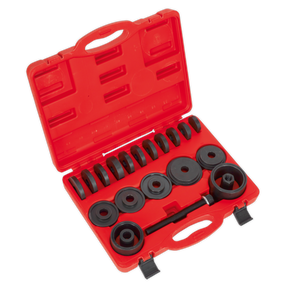 The Sealey VS7020 Wheel Bearing Removal/Installation Kit comes in a red plastic case with black cylindrical tools of various sizes, all organized neatly in fitted slots. When the case is open, it reveals all the tools and attachments needed for removing wheel bearings from front-wheel drive vehicles.