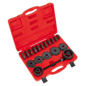 The Sealey VS7020 Wheel Bearing Removal/Installation Kit comes in a red plastic case with black cylindrical tools of various sizes, all organized neatly in fitted slots. When the case is open, it reveals all the tools and attachments needed for removing wheel bearings from front-wheel drive vehicles.