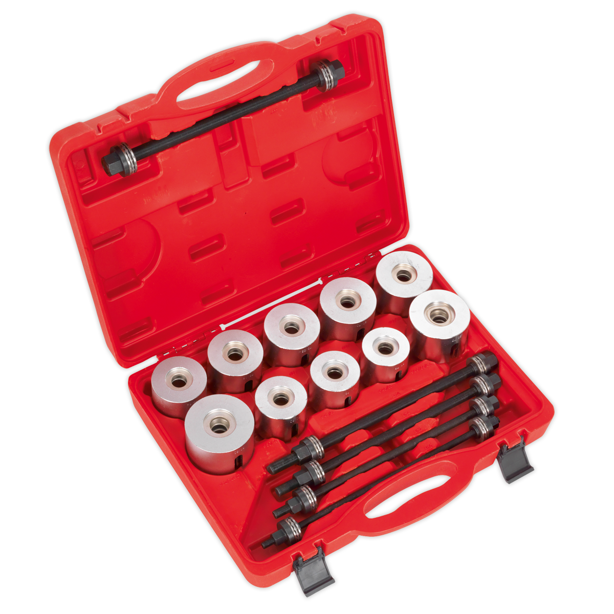 The Sealey Bearing & Bush Removal/Installation Kit 27pc - VS7026 is a red plastic case that contains a set of metal cylindrical components and several black rods with threaded ends, all organized in fitted compartments. It is specifically designed for the removal and installation of suspension bushes.