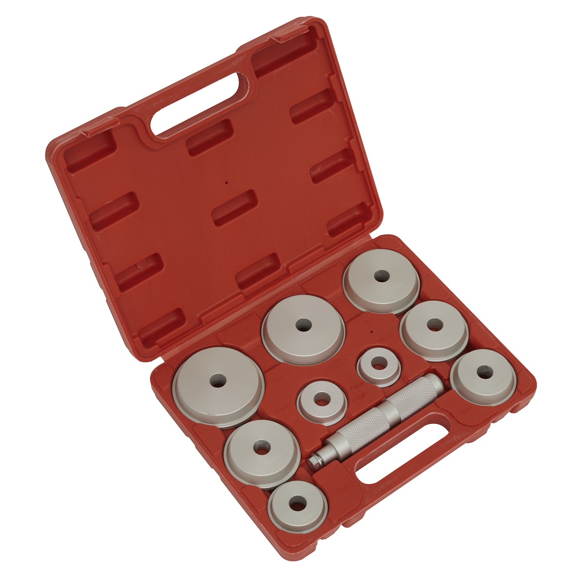 A Sealey Bearing Race & Seal Driver Set, model VS703, comes in a red plastic case with a handle and includes various popular bearing race sizes along with an assortment of circular metal dies and a central cylindrical tool, all neatly arranged in individual compartments.