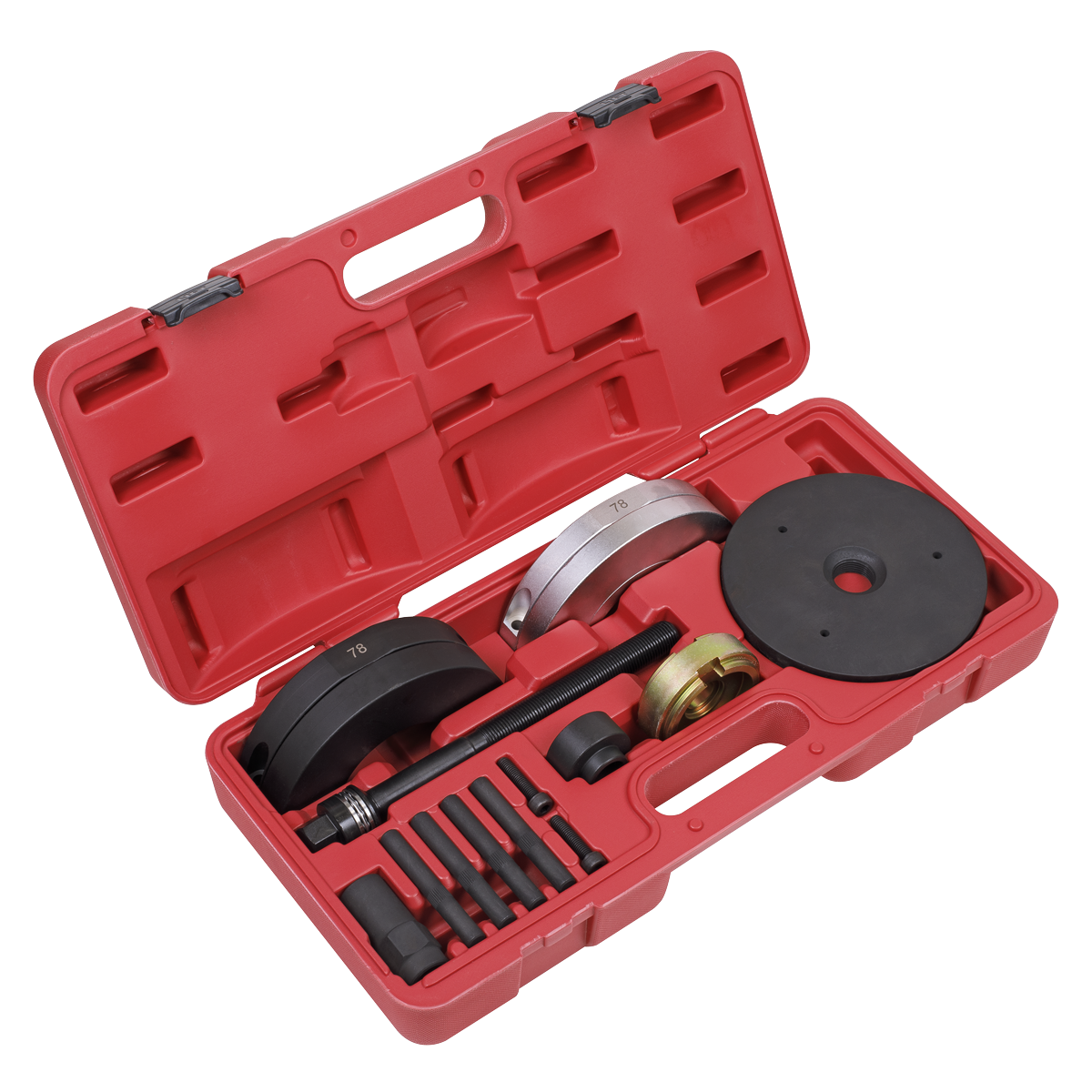 The Sealey Front Wheel Bearing GEN2 Removal/Installation Kit 78mm - VS7030 is a red plastic case containing various automotive tools, including circular metal plates, bolts, and connectors for front wheel bearing replacement, all arranged in designated compartments.