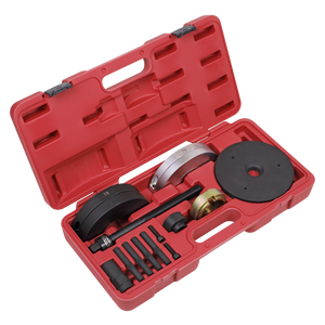 The Sealey Front Wheel Bearing GEN2 Removal/Installation Kit 78mm - VS7030 is a red plastic case containing various automotive tools, including circular metal plates, bolts, and connectors for front wheel bearing replacement, all arranged in designated compartments.