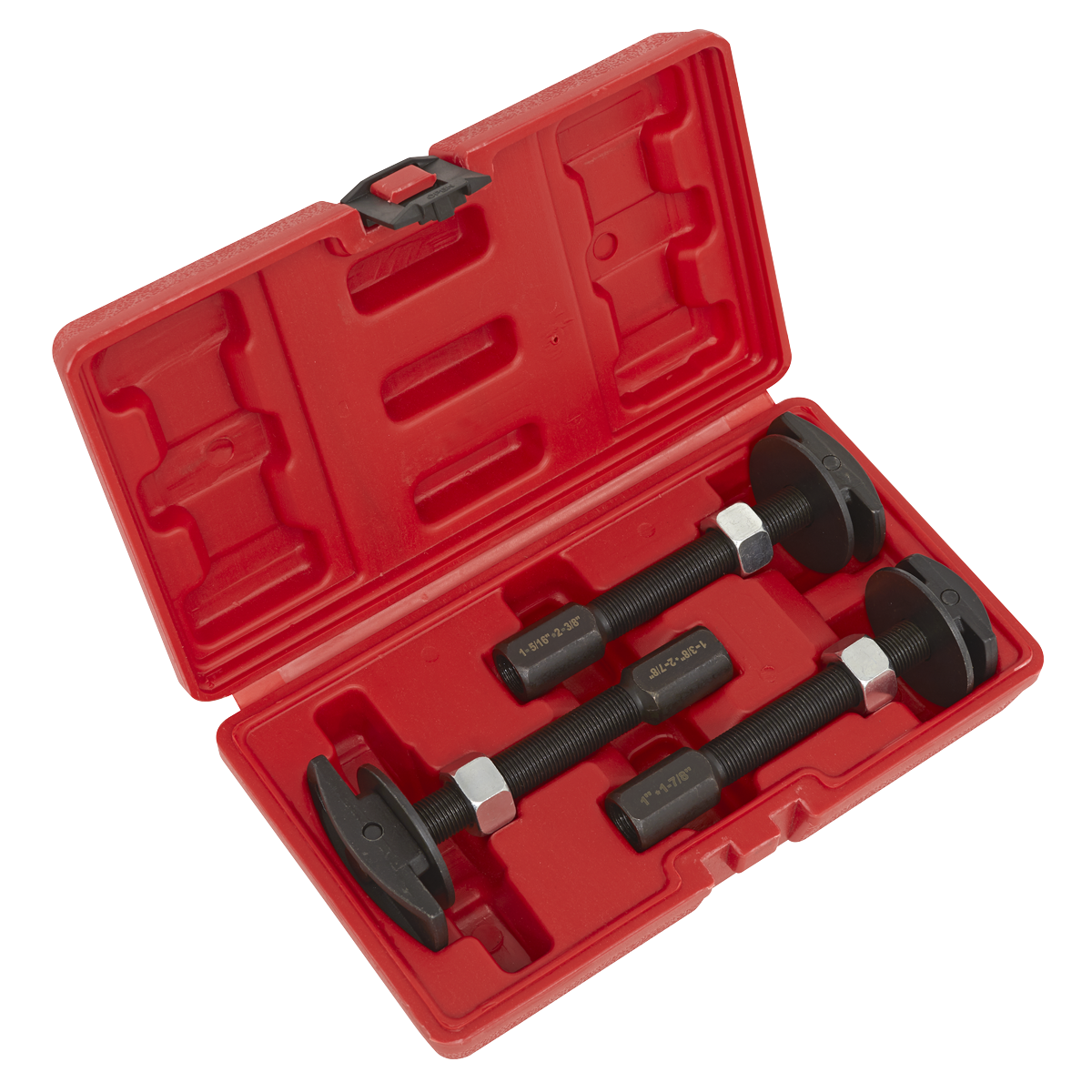 The Sealey Axle Bearing Puller Set 3pc - VS7033 includes a red plastic case housing two black metal spring compressors with threaded rods and hexagonal nuts, making it perfect for use alongside an axle bearing remover.