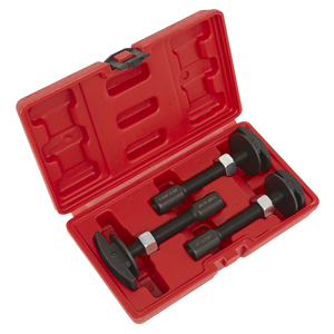 The Sealey Axle Bearing Puller Set 3pc - VS7033 includes a red plastic case housing two black metal spring compressors with threaded rods and hexagonal nuts, making it perfect for use alongside an axle bearing remover.