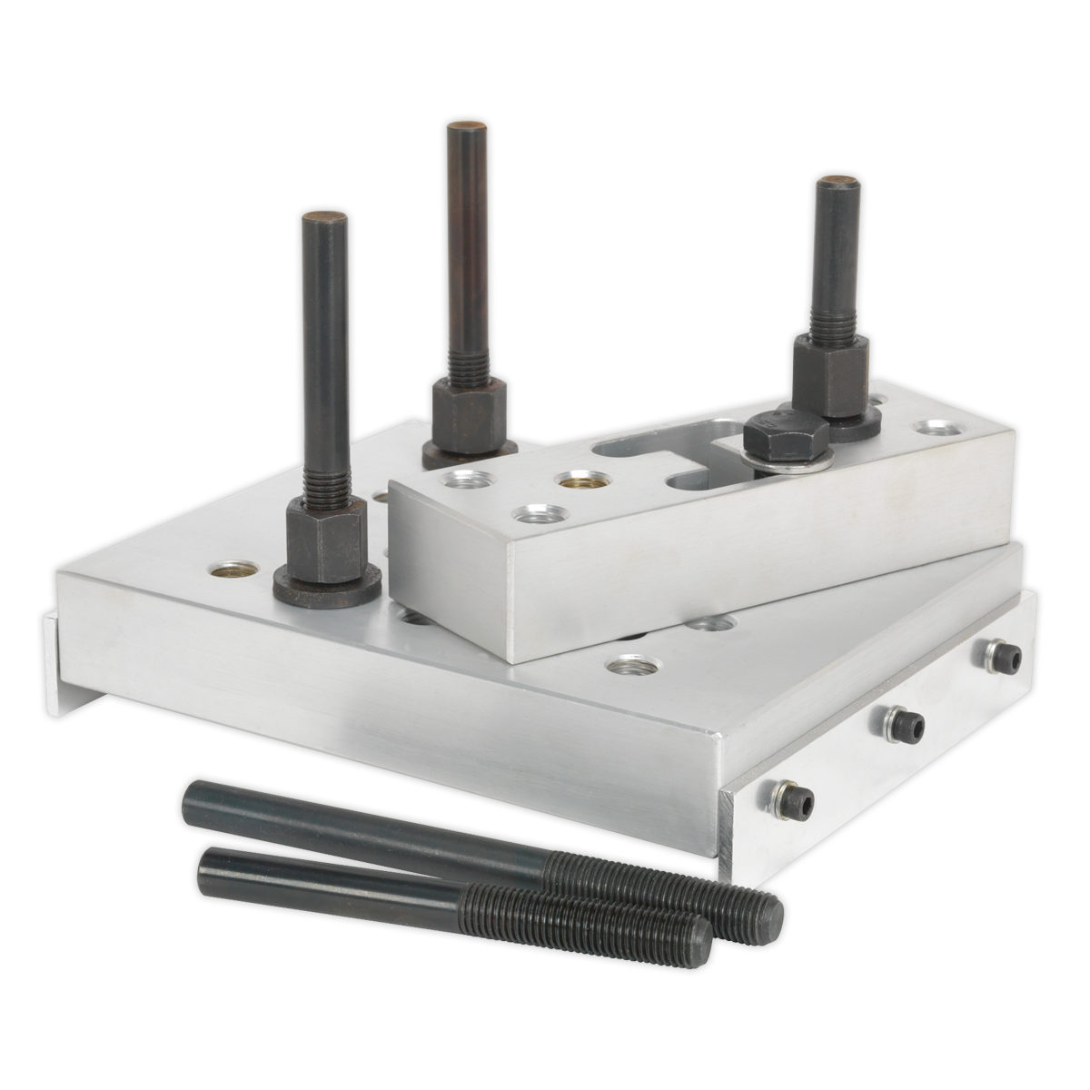 Three metal plates, each with four attached screws and two detached screws, are arranged diagonally on an aluminium base plate, forming the Universal Press Support Block (VS7036) by Sealey.