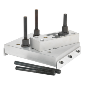 Three metal plates, each with four attached screws and two detached screws, are arranged diagonally on an aluminium base plate, forming the Universal Press Support Block (VS7036) by Sealey.