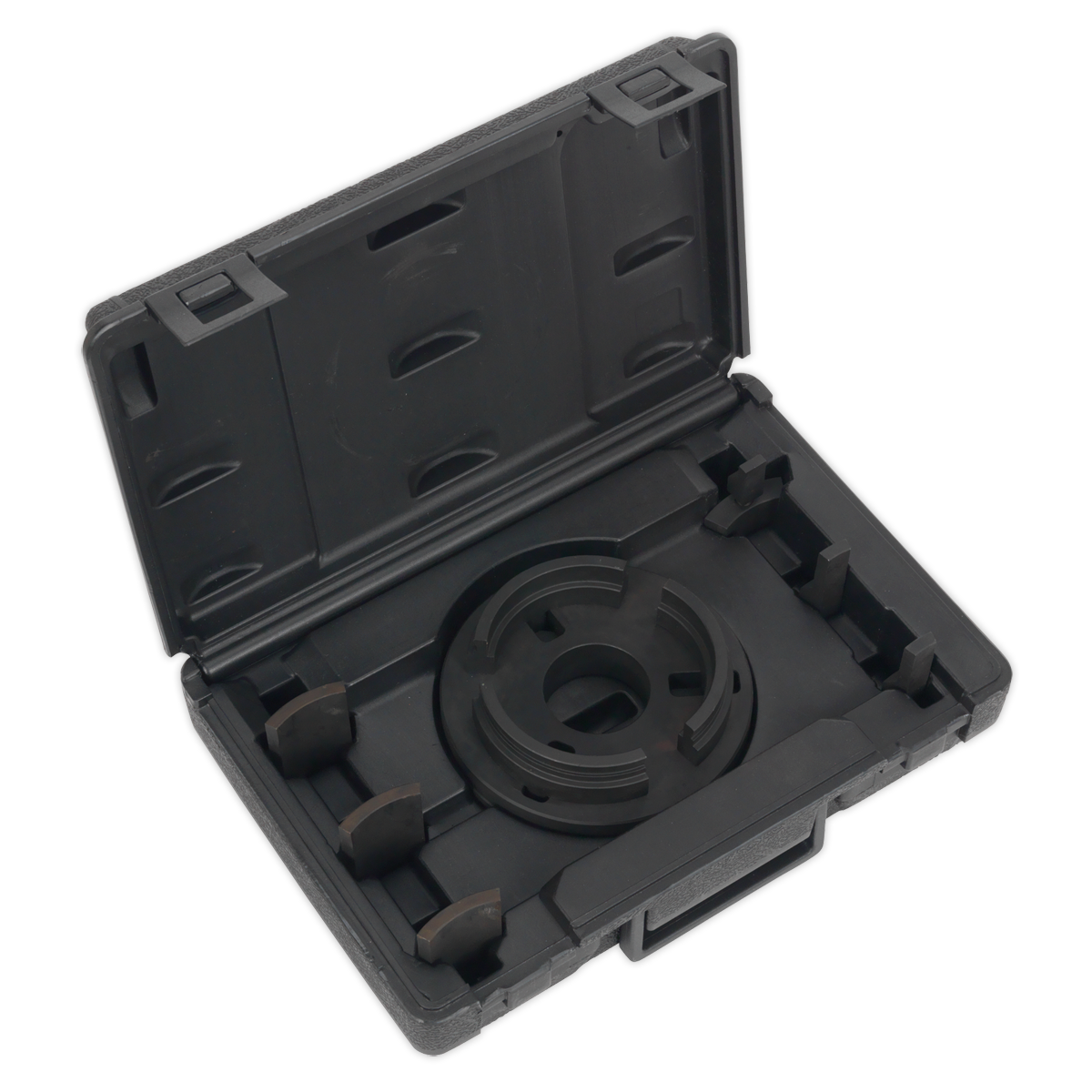 Black plastic carrying case with an open lid, revealing molded compartments designed for the Adjustable Press Support Plate - VS7037 from Sealey and wheel bearings, along with a circular component inside.