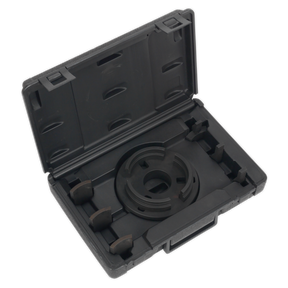 Black plastic carrying case with an open lid, revealing molded compartments designed for the Adjustable Press Support Plate - VS7037 from Sealey and wheel bearings, along with a circular component inside.