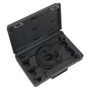 Black plastic carrying case with an open lid, revealing molded compartments designed for the Adjustable Press Support Plate - VS7037 from Sealey and wheel bearings, along with a circular component inside.