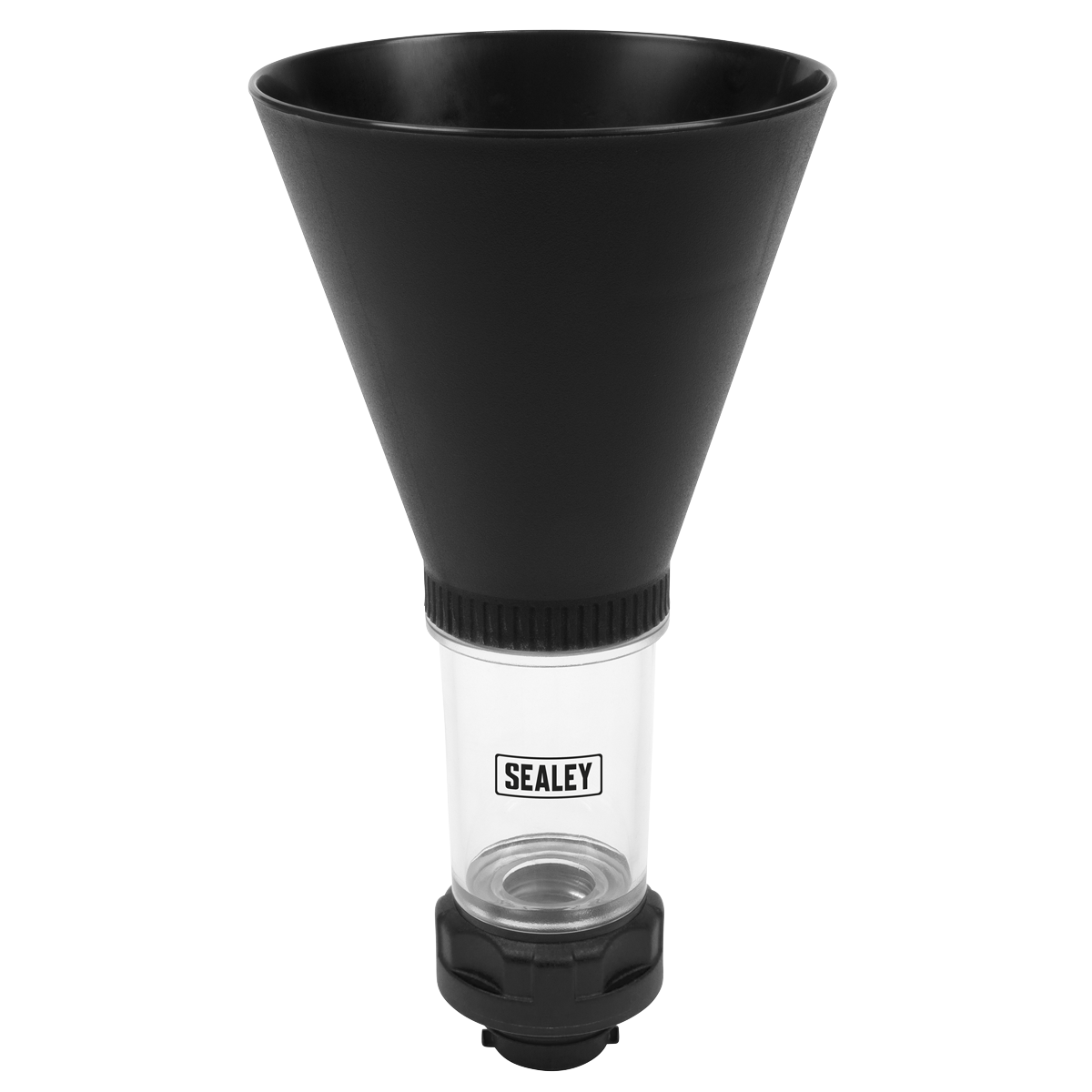 The Sealey Engine Oil Funnel Set 4pc - Renault, Nissan - VS7102 is a black and clear funnel designed for transferring liquids in modern vehicles. It fastens and seals securely to ensure hands-free operation.