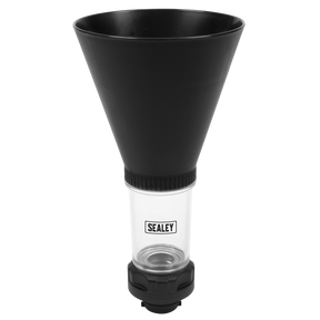 The Sealey Engine Oil Funnel Set 4pc - Renault, Nissan - VS7102 is a black and clear funnel designed for transferring liquids in modern vehicles. It fastens and seals securely to ensure hands-free operation.