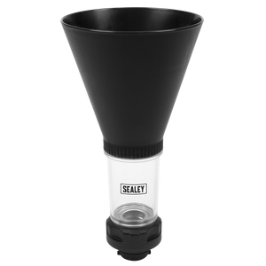 The Sealey Engine Oil Funnel Set 4pc - Renault, Nissan - VS7102 is a black and clear funnel designed for transferring liquids in modern vehicles. It fastens and seals securely to ensure hands-free operation.