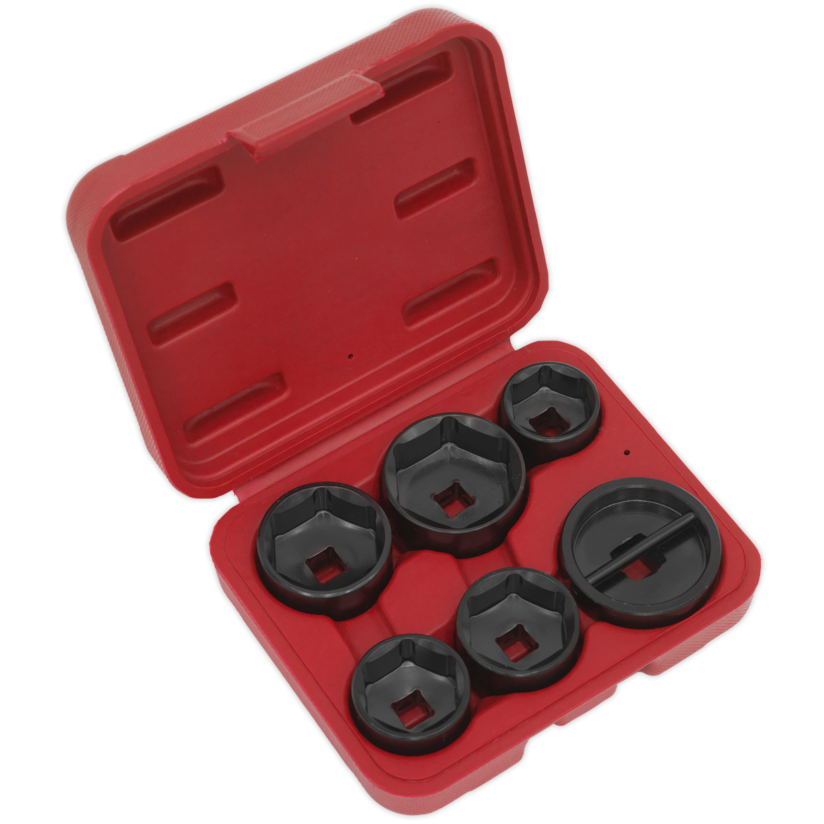 The Oil Filter Cap Wrench Set 6pc - VS7103 by Sealey features a red plastic storage case containing six black socket wrench adapters of various sizes. The case is open and arranged to display the tools neatly, making it perfect for handling oil filter housing caps.