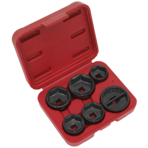 The Oil Filter Cap Wrench Set 6pc - VS7103 by Sealey features a red plastic storage case containing six black socket wrench adapters of various sizes. The case is open and arranged to display the tools neatly, making it perfect for handling oil filter housing caps.