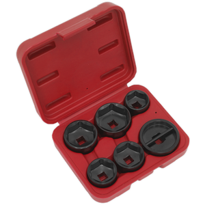 The Oil Filter Cap Wrench Set 6pc - VS7103 by Sealey features a red plastic storage case containing six black socket wrench adapters of various sizes. The case is open and arranged to display the tools neatly, making it perfect for handling oil filter housing caps.