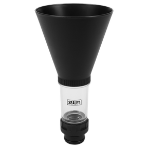 The Sealey Engine Oil Funnel Set 5pc - Audi, Seat, Skoda, Volkswagen (VS7105) features a black funnel with a wide top and a clear section above its threaded bottom, designed for seamless hands-free operation.