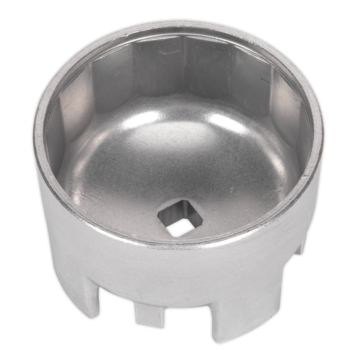 The Sealey Oil Filter Cap Wrench Ø87mm x 16 Flutes - Volvo - VS7114 is a cylindrical tool made from aluminium alloy, designed with a hollowed interior and a square hole in the center; it also features grooves along the bottom rim.