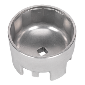 The Sealey Oil Filter Cap Wrench Ø87mm x 16 Flutes - Volvo - VS7114 is a cylindrical tool made from aluminium alloy, designed with a hollowed interior and a square hole in the center; it also features grooves along the bottom rim.