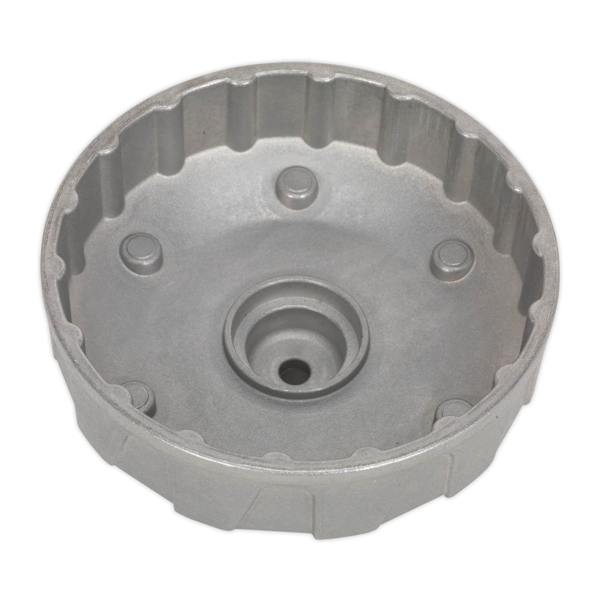 A Sealey Oil Filter Cap Wrench, specifically designed for Renault, featuring a circular 96mm diameter with 18 flutes. This wrench is crafted from durable aluminium alloy and includes a crowned top and an indented center, ideal for machinery or engine use. Product code: VS7115.